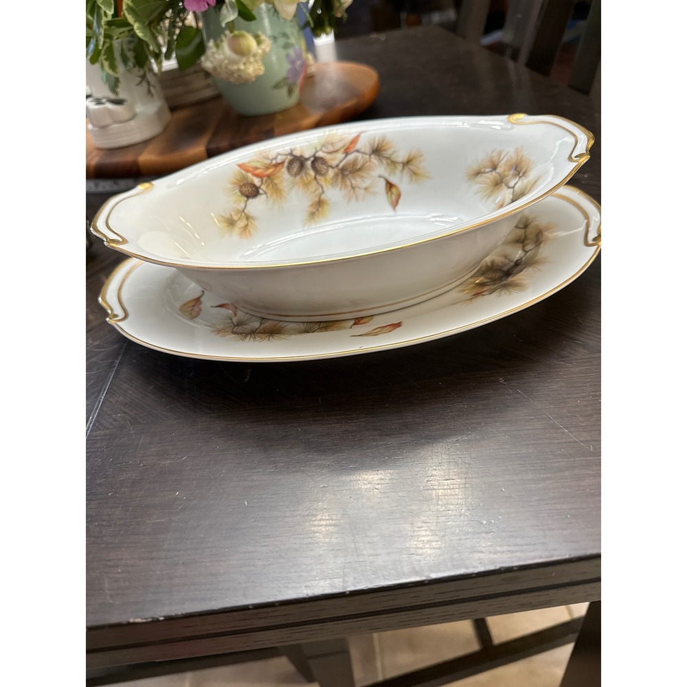 Kyoto China Pines Gravy Boat and Underplate Japan Pinecone Gold Trim MCM 2pc